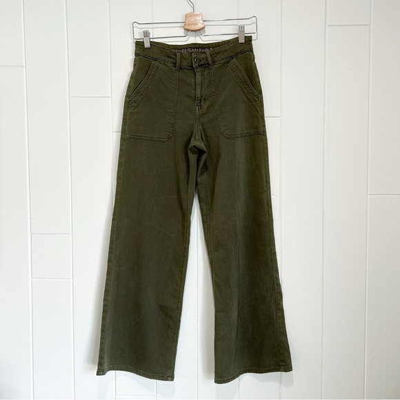 American Eagle Super High Rise Baggy Wide Leg Khaki Green Pants - Picture 2 of 5